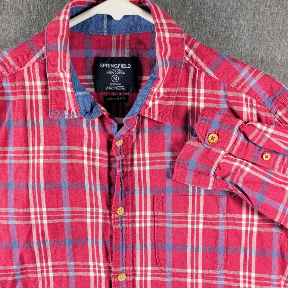 Linen Cotton Plaid LS Button Shirt Casual Springfield Custom Fit Preppy Grunge